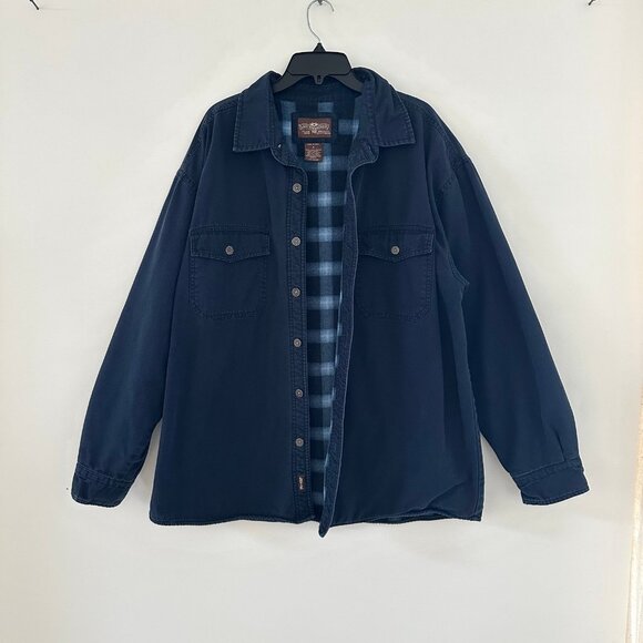Levi's Men Vintage Canvas Fleece Plaid Lined Shacket Size XL Trucker Jacket Navy - Picture 1 of 12